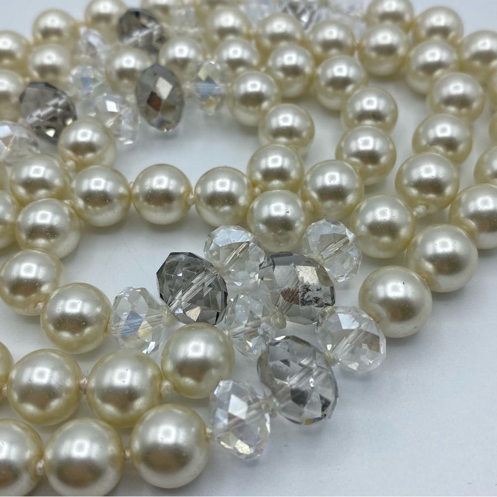Kissaka Signed Hand Knotted Faux Glass Pearl Necklace Faceted Crystal Long - Picture 4 of 8